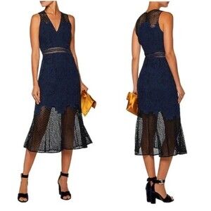 Jonathan Simkhai Fluted-Hem Sleeveless Corded Lace Midi Dress Black Blue Size 6